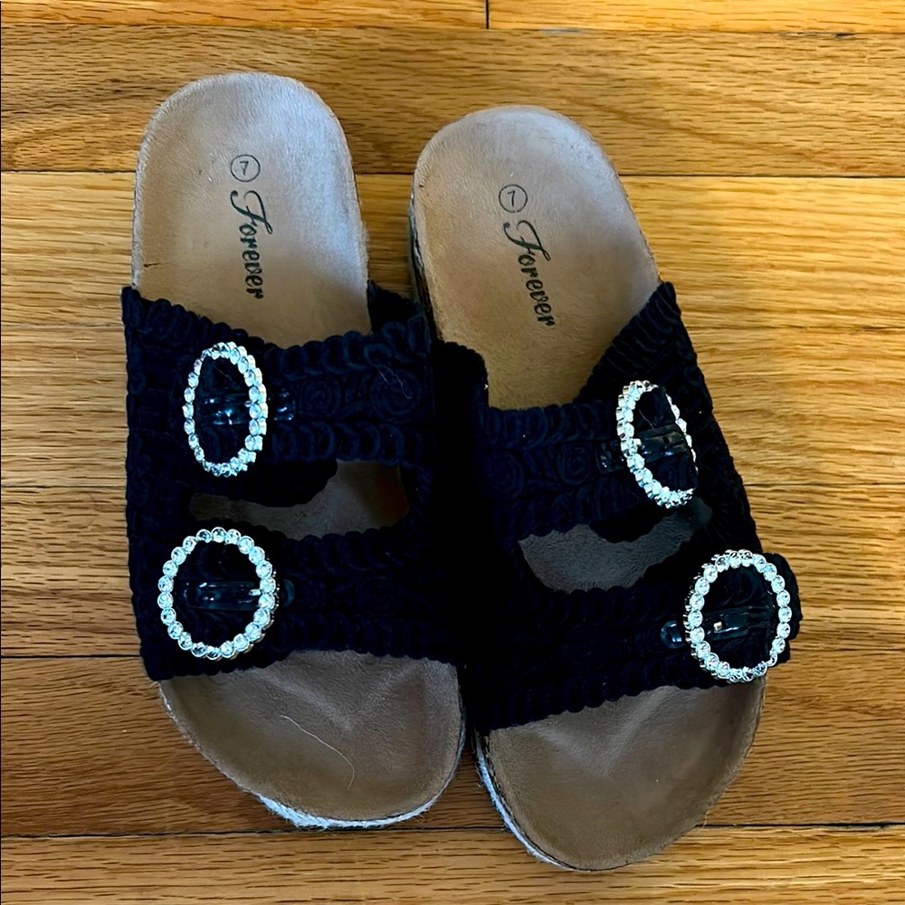 Women's Black Sandals with Rhinestone Buckles